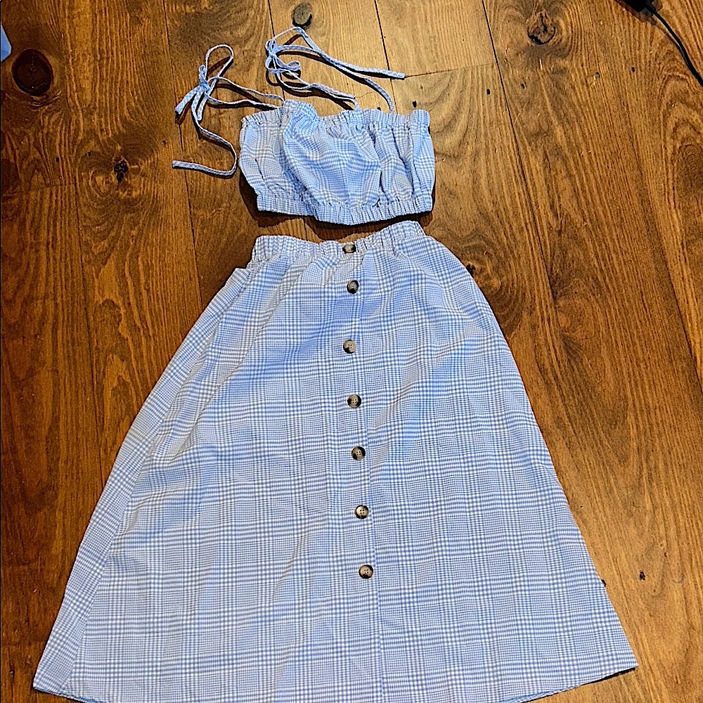 Zaful Light Blue Plaid Skirt Set